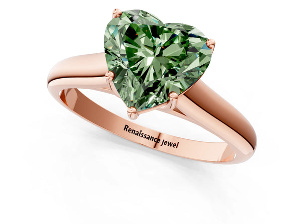 Rose gold Fancy Green Heart Cut Cut Diamond Solitaire Engagement Ring with Tapered Plain Band and Four-Prong Setting
