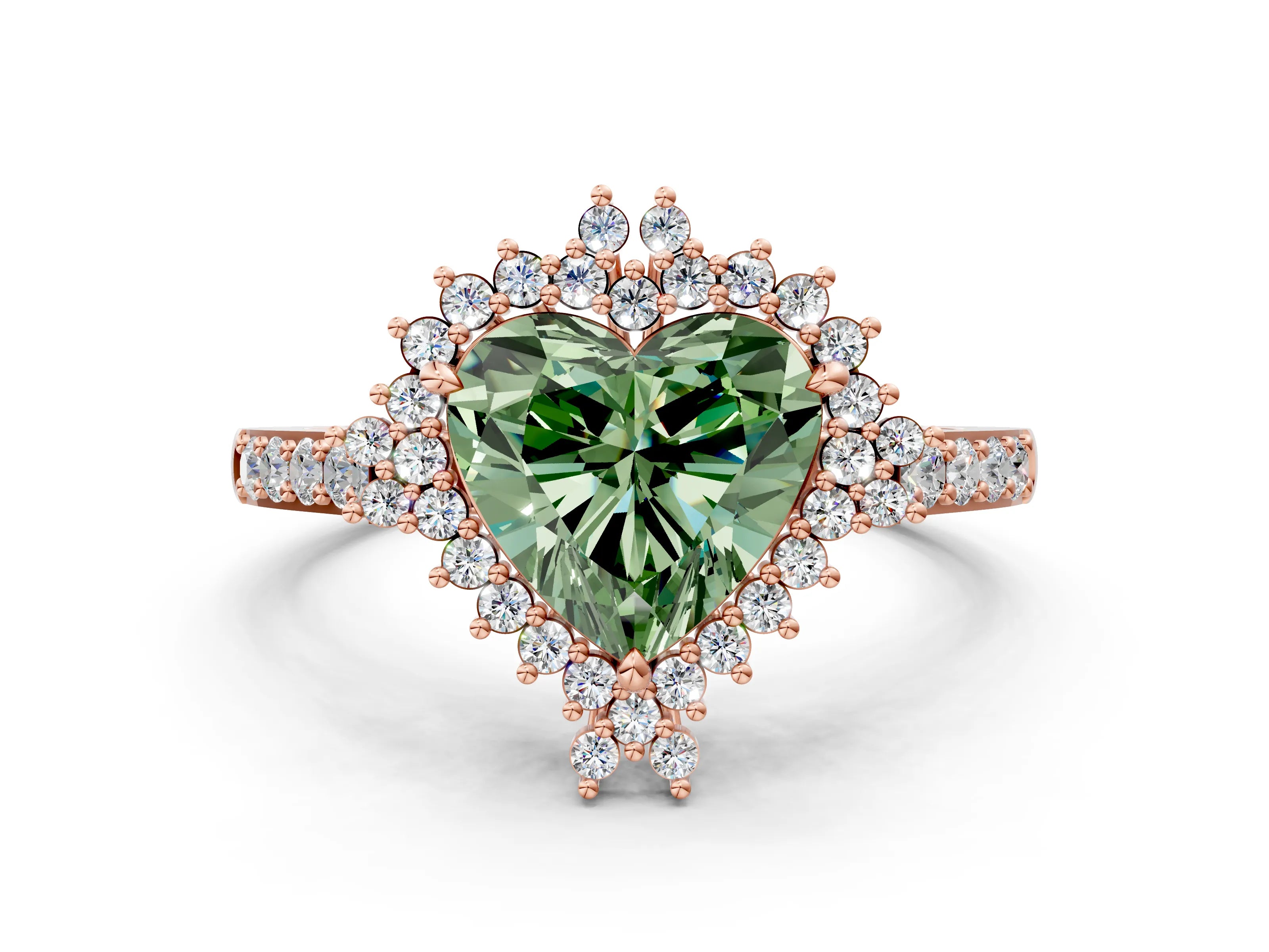 Rose gold Fancy Green Heart Cut Cut Diamond Sunburst Halo Engagement Ring with Pavé Band