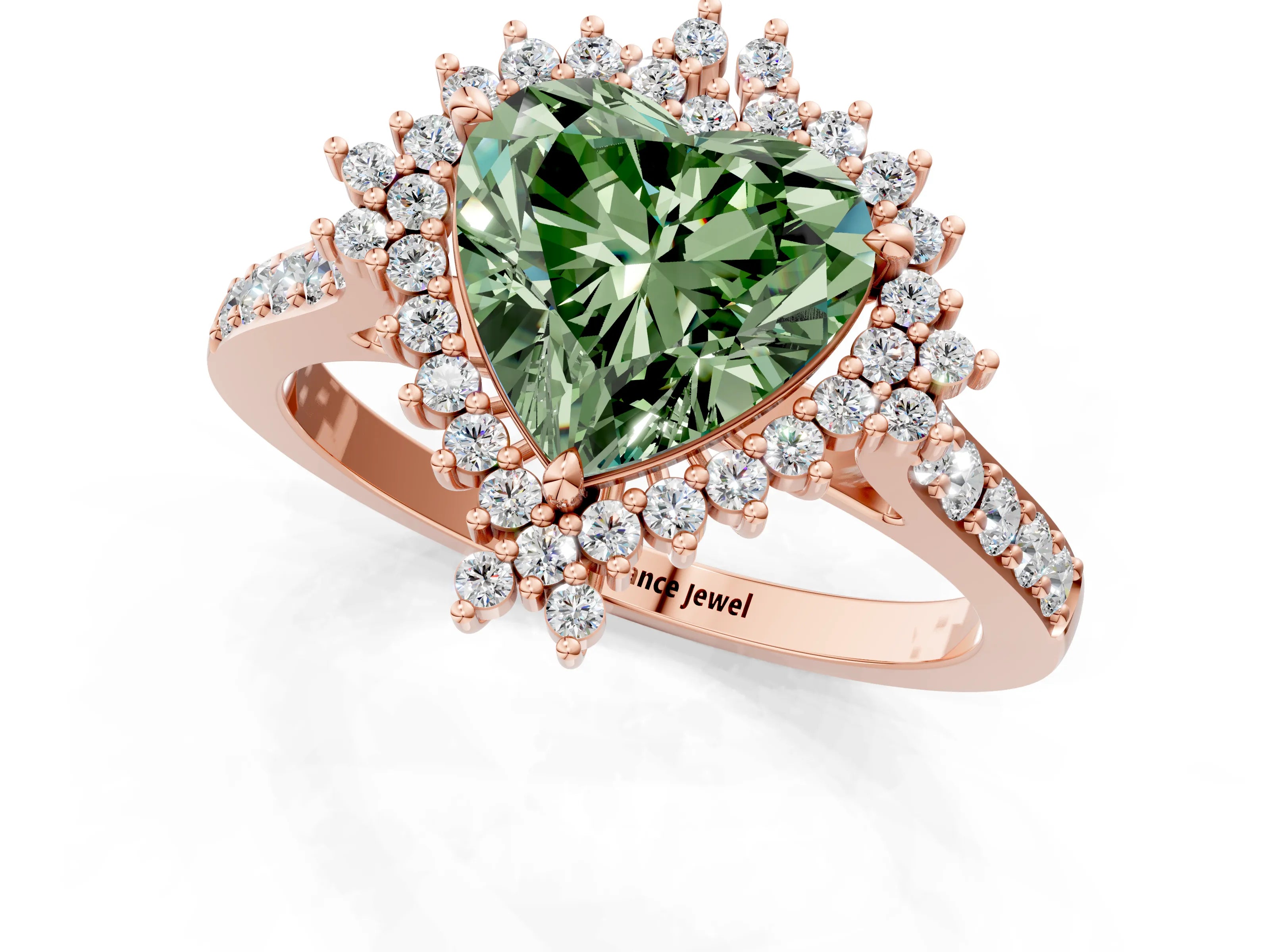 Rose gold Fancy Green Heart Cut Cut Diamond Sunburst Halo Engagement Ring with Pavé Band_1