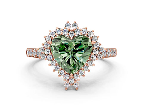 Rose gold Fancy Green Heart Cut Cut Diamond Sunburst Halo Engagement Ring with Pavé Band