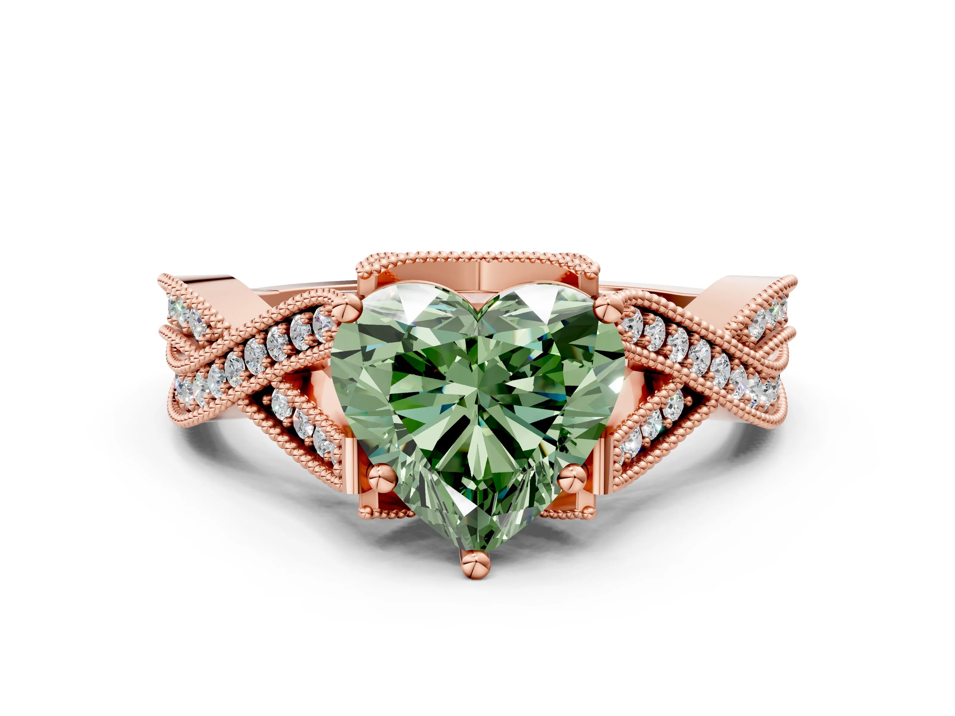 Rose gold Fancy Green Heart Cut Cut Diamond Twisted Band with Milgrain Pave Setting and Four-Prong Setting