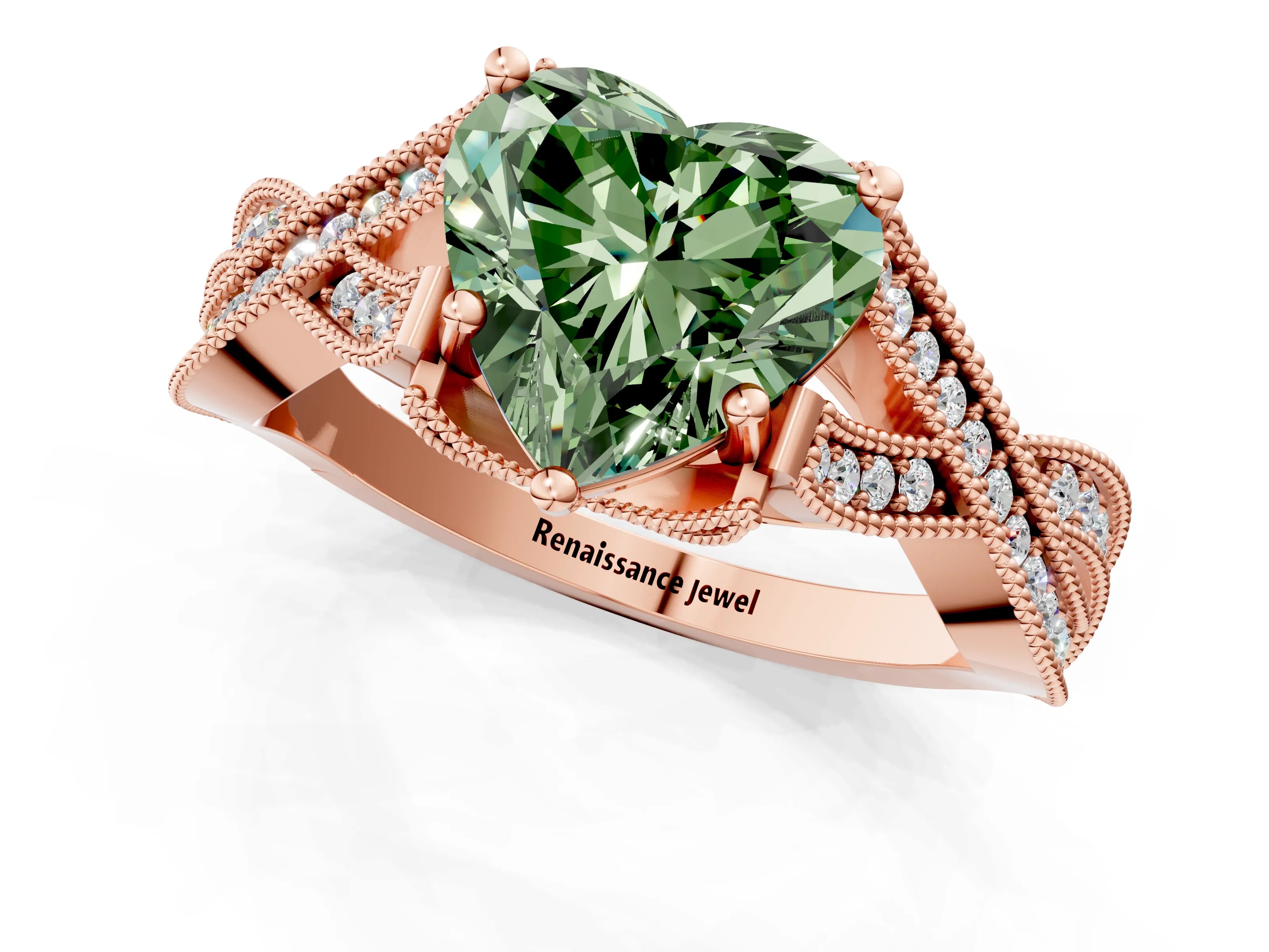 Rose gold Fancy Green Heart Cut Cut Diamond Twisted Band with Milgrain Pave Setting and Four-Prong Setting_1