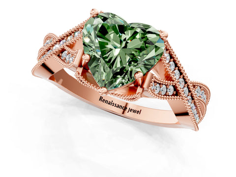 Rose gold Fancy Green Heart Cut Cut Diamond Twisted Band with Milgrain Pave Setting and Four-Prong Setting_1