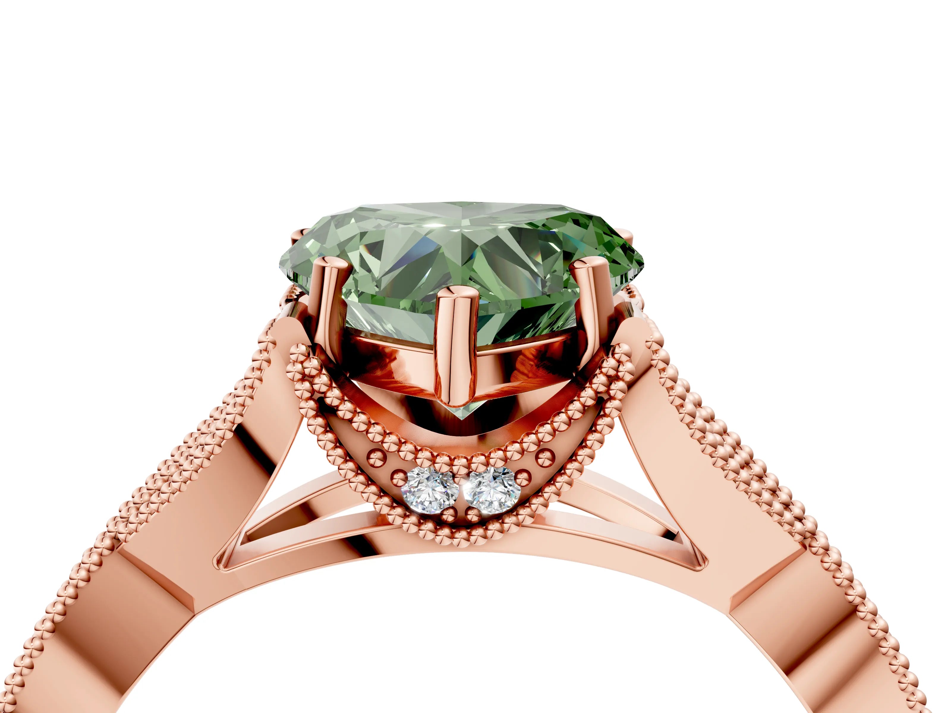 Rose gold Fancy Green Heart Cut Cut Diamond Twisted Band with Milgrain Pave Setting and Four-Prong Setting_4