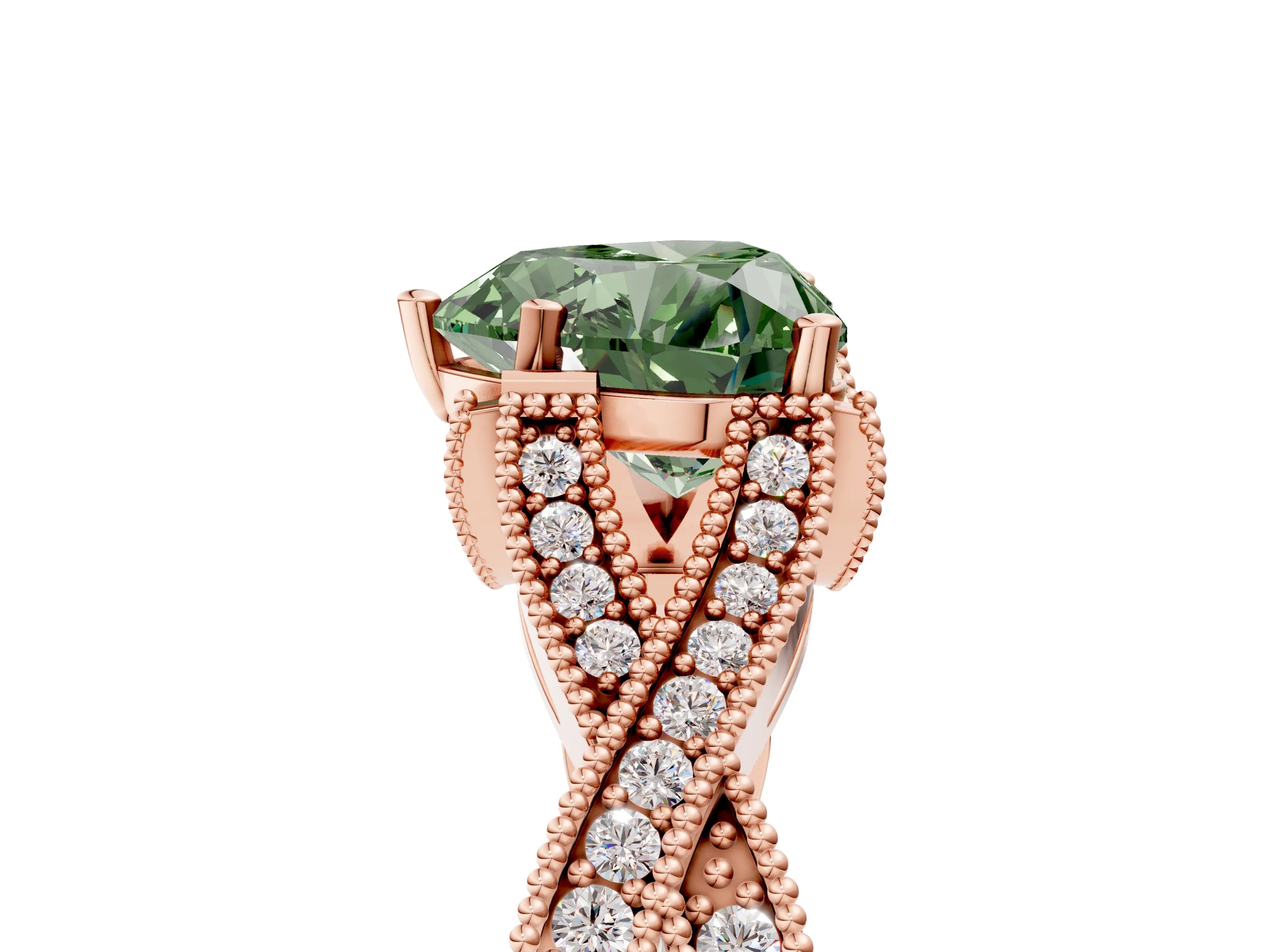 Rose gold Fancy Green Heart Cut Cut Diamond Twisted Band with Milgrain Pave Setting and Four-Prong Setting_5