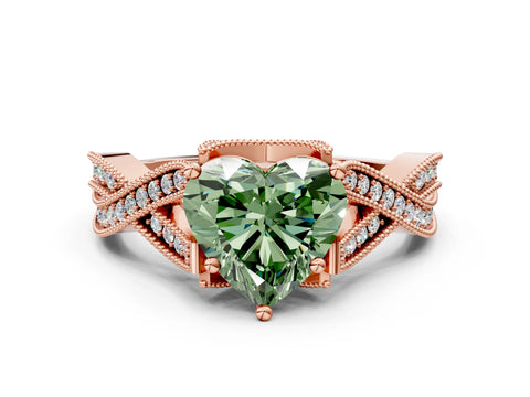 Rose gold Fancy Green Heart Cut Cut Diamond Twisted Band with Milgrain Pave Setting and Four-Prong Setting