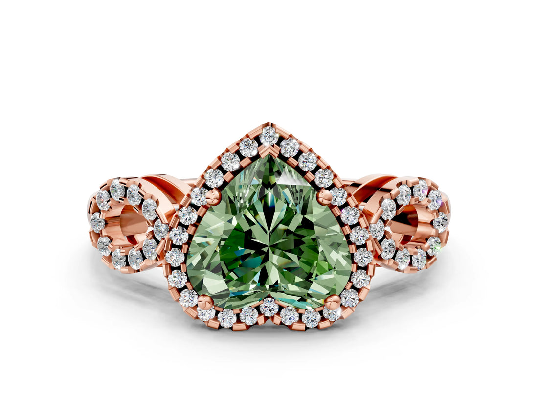 Rose gold Fancy Green Heart Cut Cut Halo Diamond Infinity Band with Four-Prong Setting