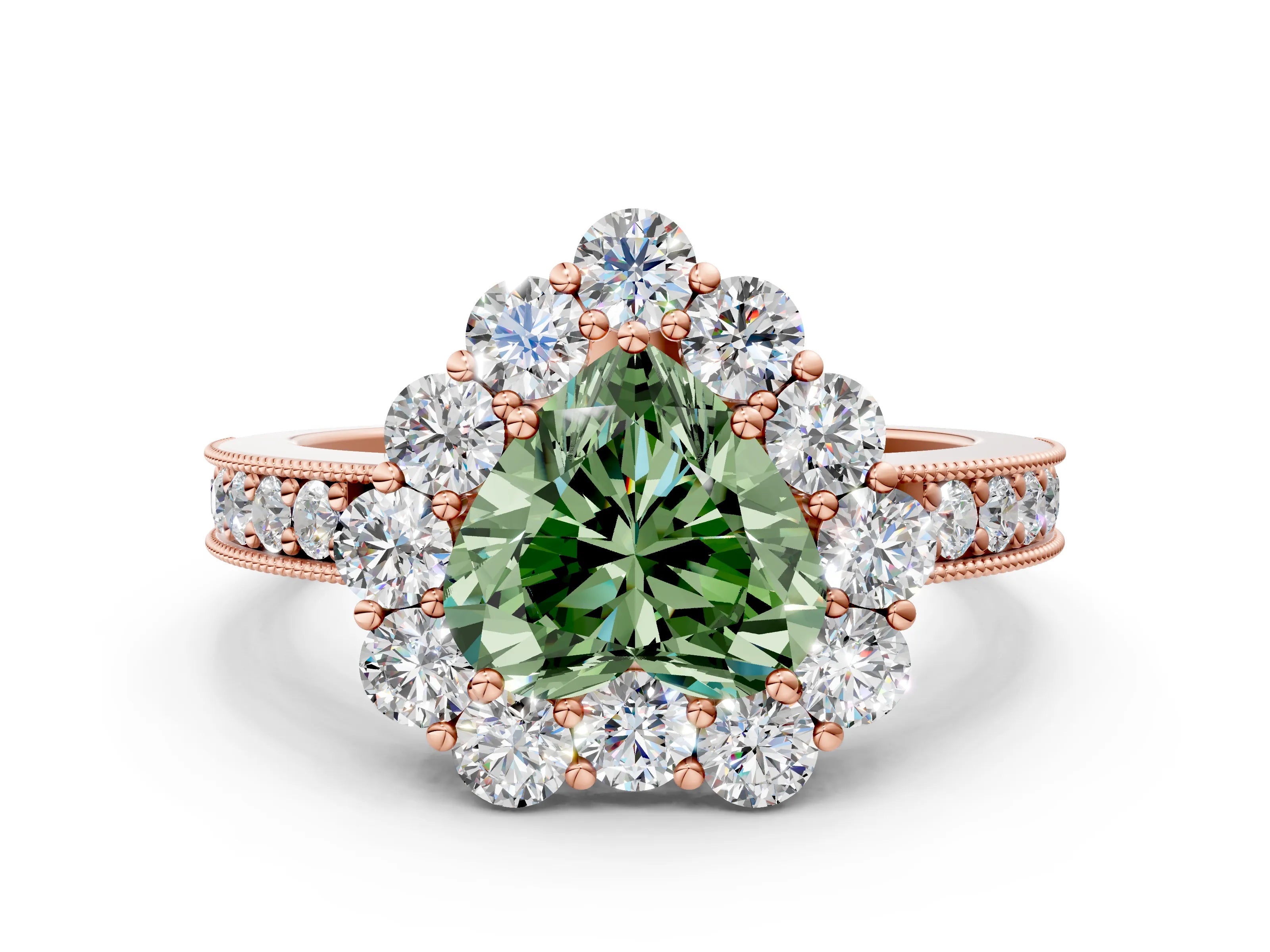 Rose gold Fancy Green Heart Cut Cut Halo Diamond Pavé Engagement Ring with Milgrain Detailing