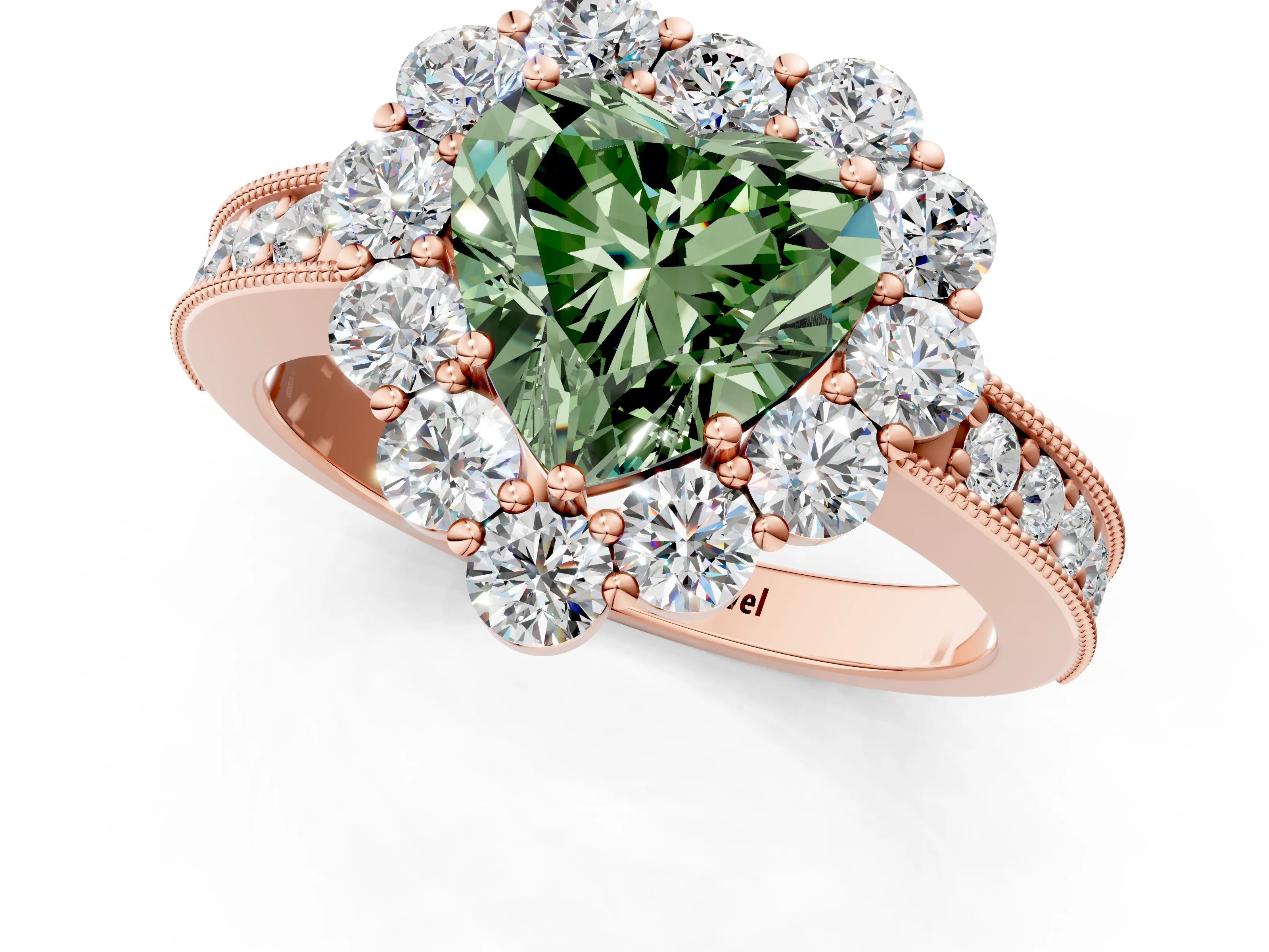 Rose gold Fancy Green Heart Cut Cut Halo Diamond Pavé Engagement Ring with Milgrain Detailing_1