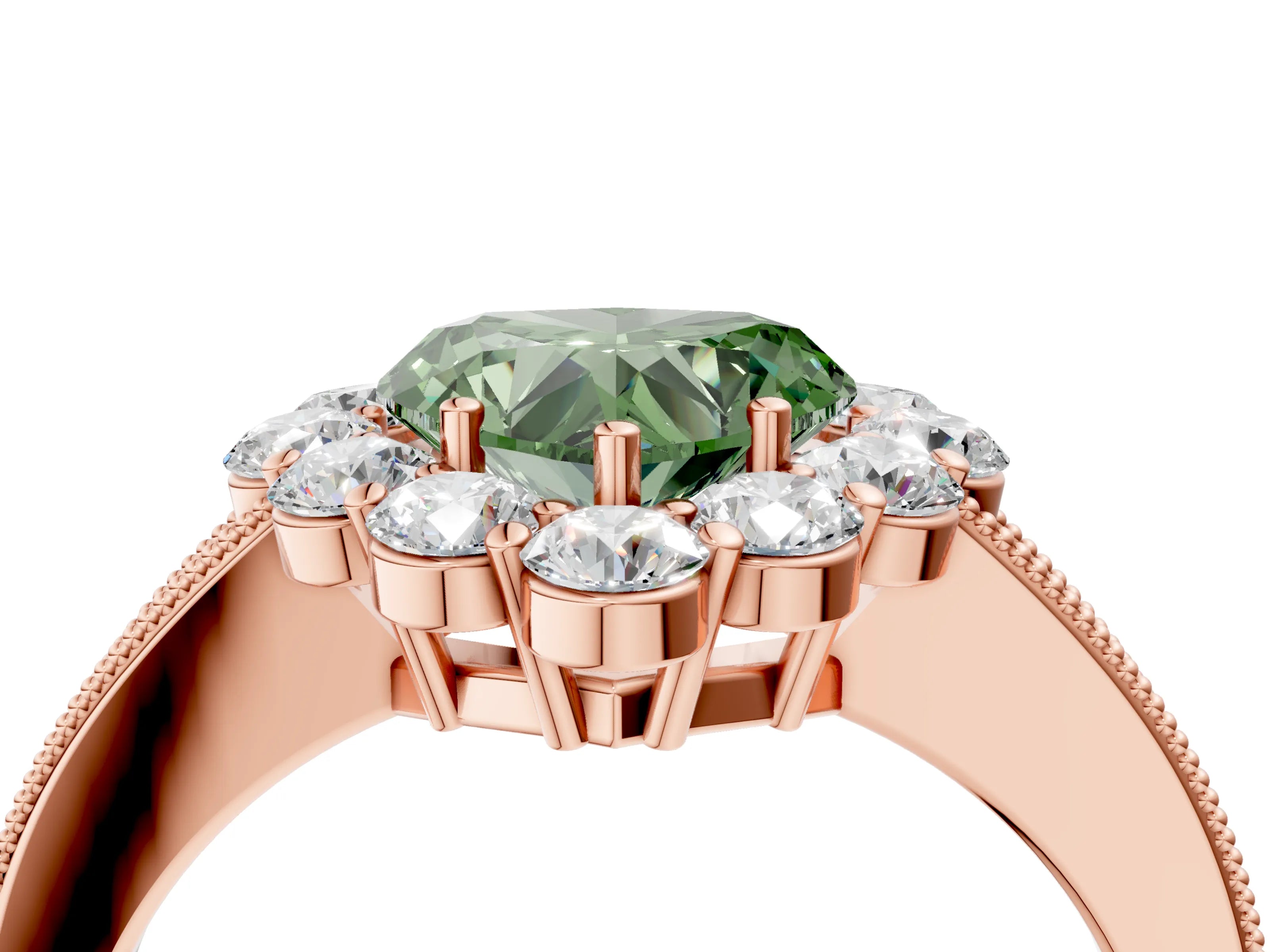 Rose gold Fancy Green Heart Cut Cut Halo Diamond Pavé Engagement Ring with Milgrain Detailing_4
