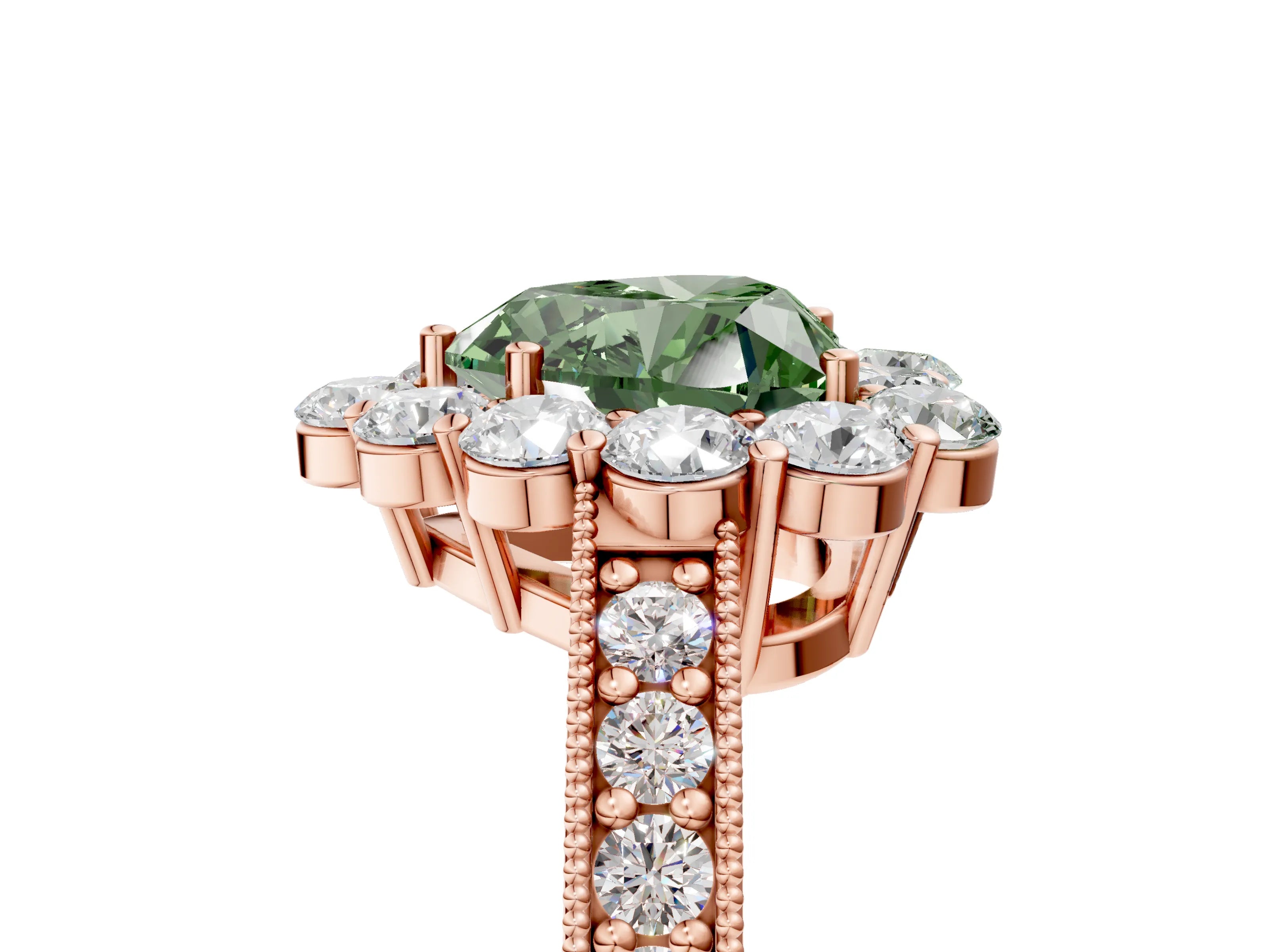 Rose gold Fancy Green Heart Cut Cut Halo Diamond Pavé Engagement Ring with Milgrain Detailing_5