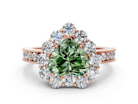 Rose gold Fancy Green Heart Cut Cut Halo Diamond Pavé Engagement Ring with Milgrain Detailing