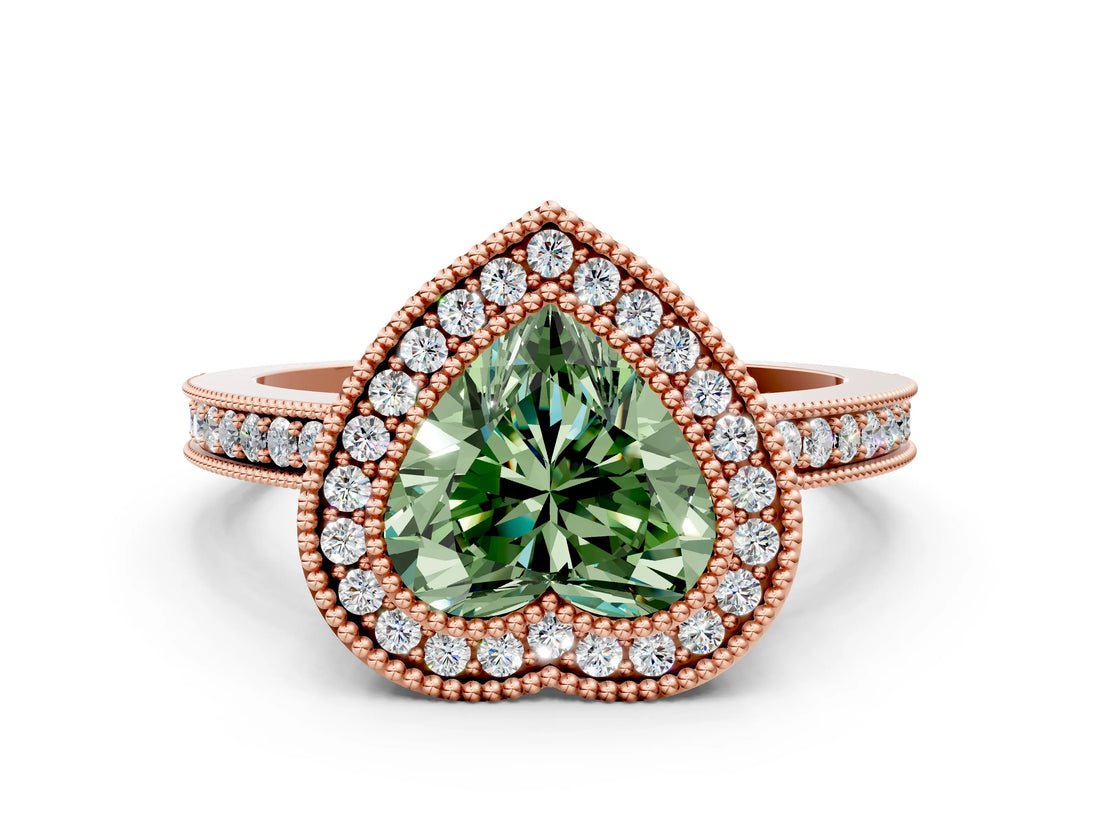 Rose gold Fancy Green Heart Cut Cut Halo Pavé Diamond Ring
