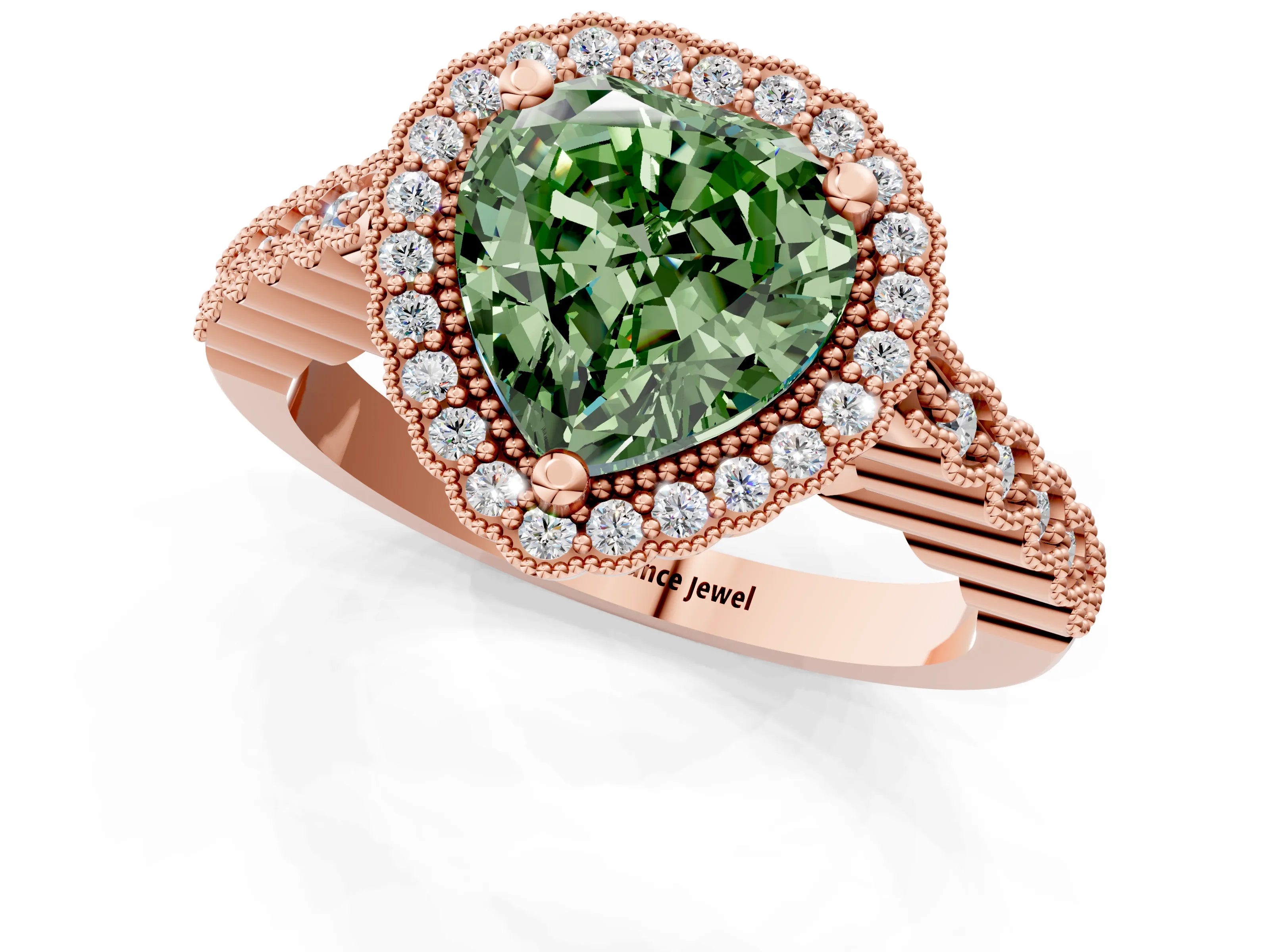 Rose gold Fancy Green Heart Cut Cut Halo Pavé Solitaire Ring with Milgrain Band_1
