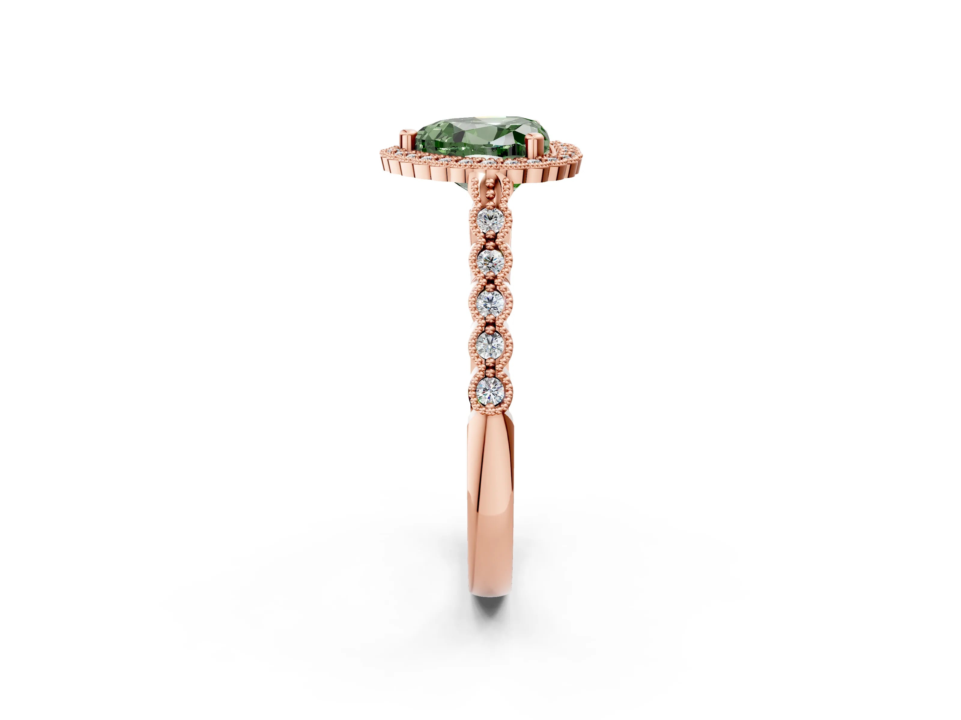 Rose gold Fancy Green Heart Cut Cut Halo Pavé Solitaire Ring with Milgrain Band_2