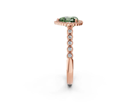 Rose gold Fancy Green Heart Cut Cut Halo Pavé Solitaire Ring with Milgrain Band_2