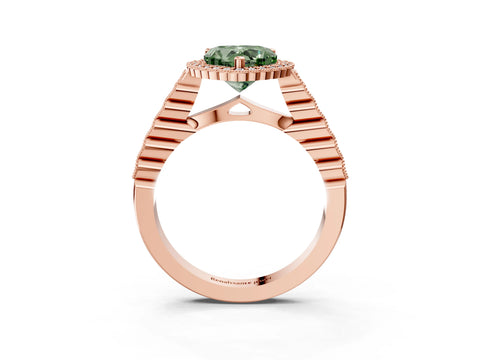Rose gold Fancy Green Heart Cut Cut Halo Pavé Solitaire Ring with Milgrain Band_3