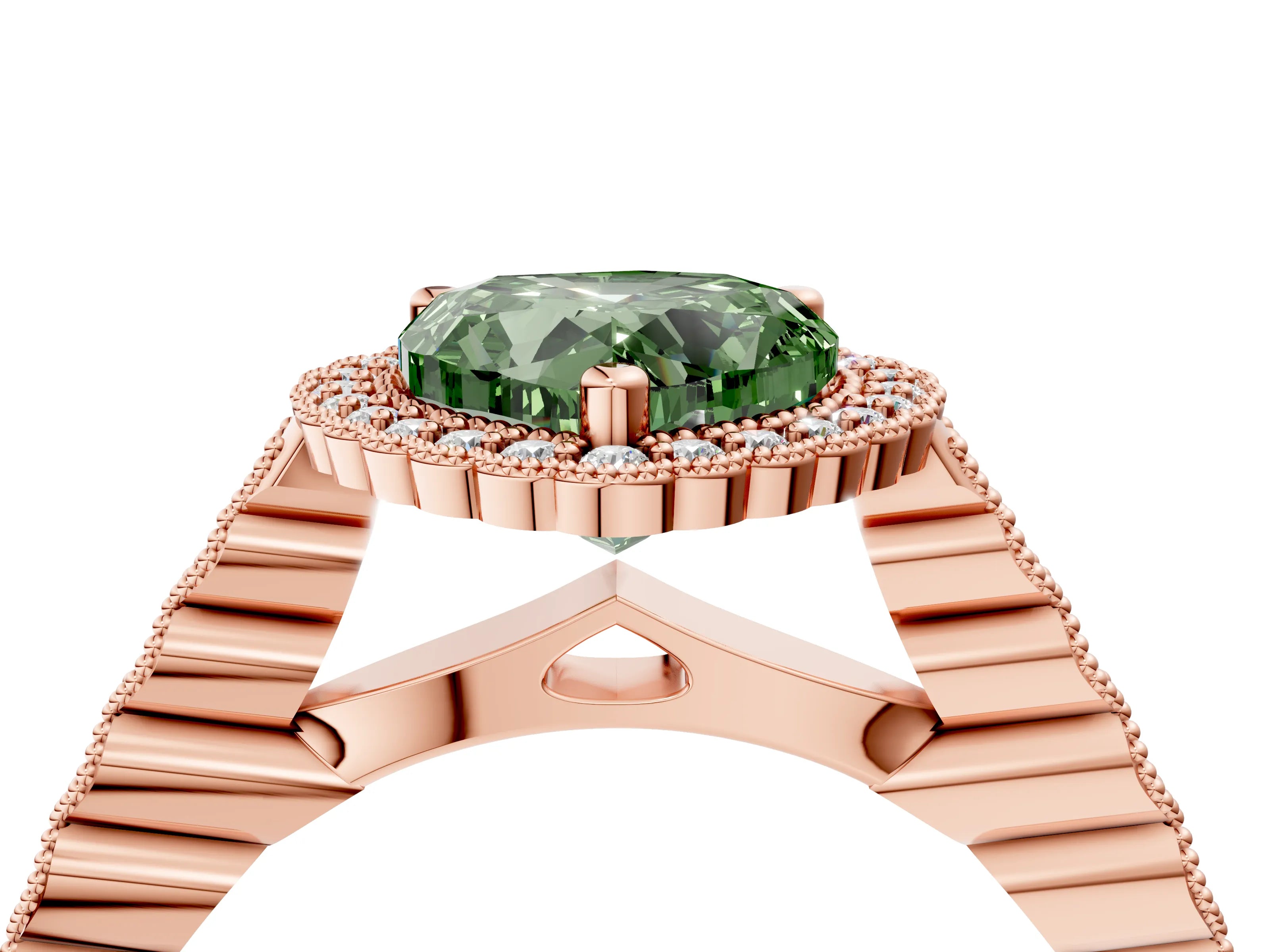 Rose gold Fancy Green Heart Cut Cut Halo Pavé Solitaire Ring with Milgrain Band_4