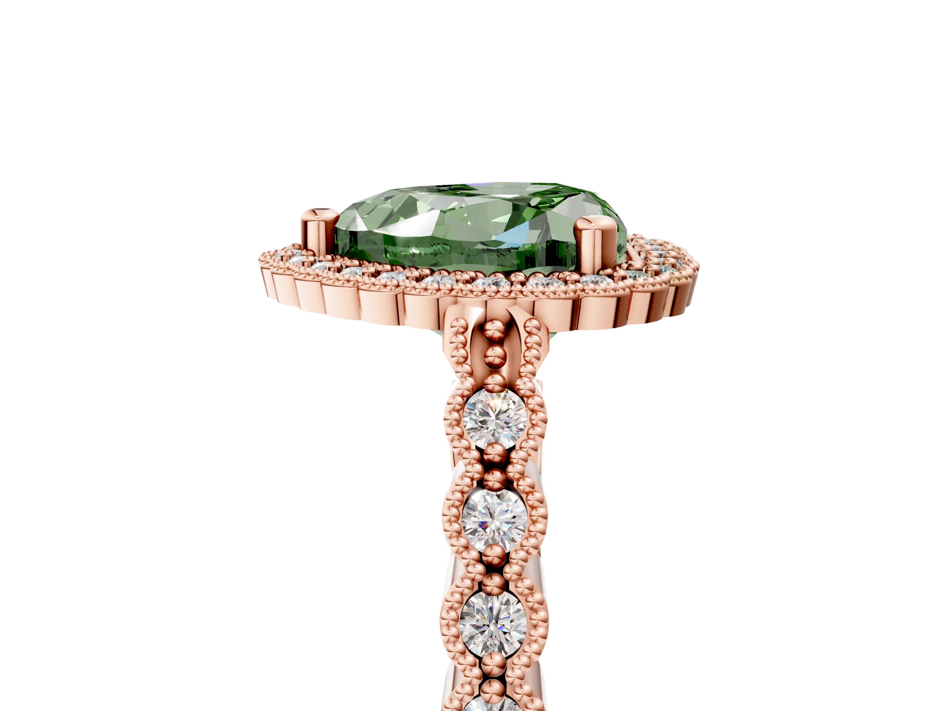 Rose gold Fancy Green Heart Cut Cut Halo Pavé Solitaire Ring with Milgrain Band_5
