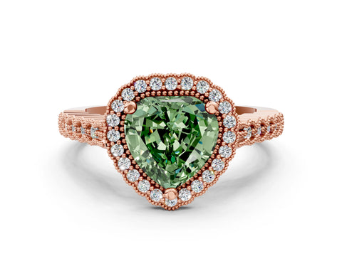 Rose gold Fancy Green Heart Cut Cut Halo Pavé Solitaire Ring with Milgrain Band