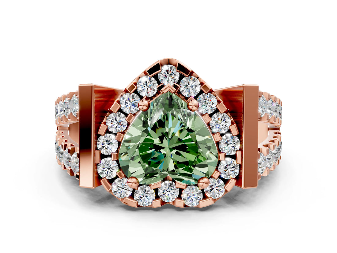 Rose gold Fancy Green Heart Cut Cut Halo Split Shank Prong Set Ring