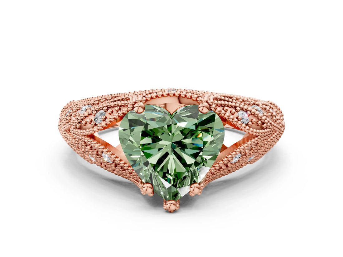 Rose gold Fancy Green Heart Cut Cut Milgrain Pave Diamond Engagement Ring with Four-Prong Setting_3