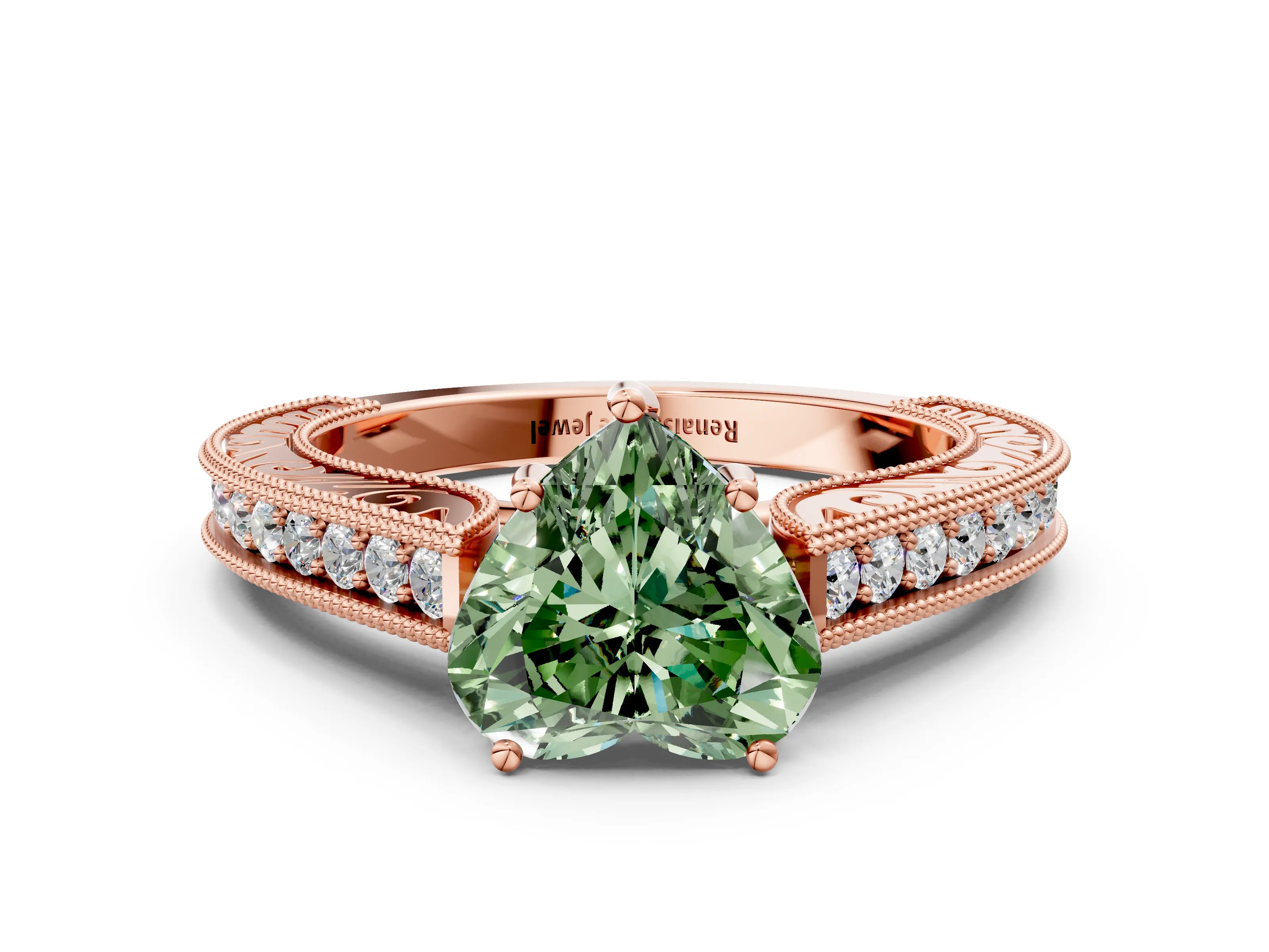Rose gold Fancy Green Heart Cut Cut Pave Band Milgrain Solitaire Ring
