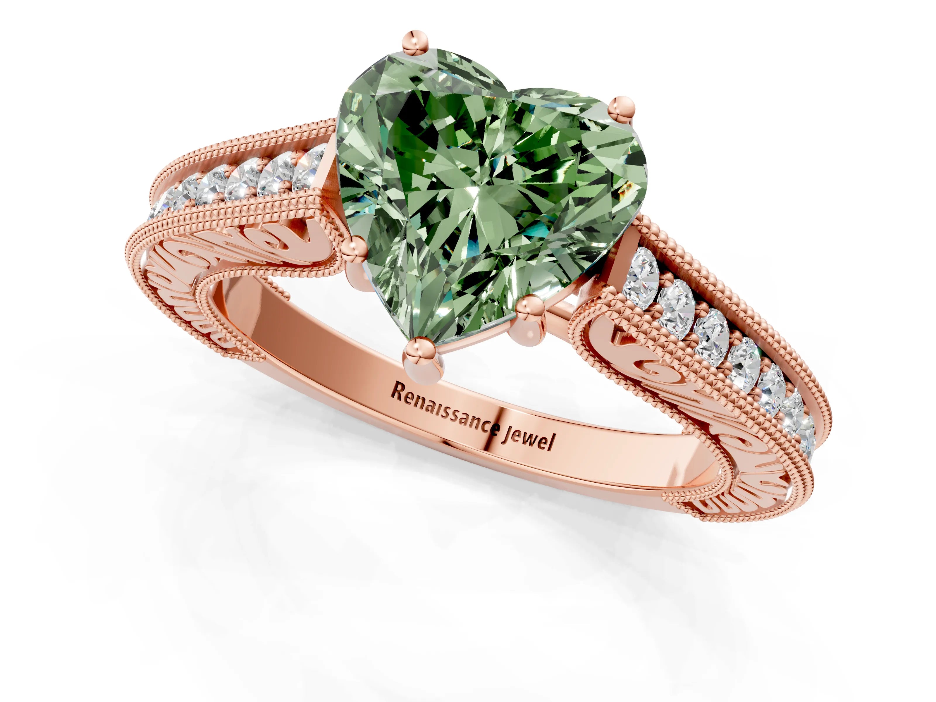Rose gold Fancy Green Heart Cut Cut Pave Band Milgrain Solitaire Ring_1