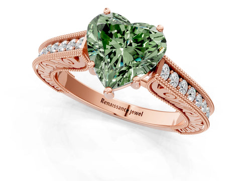 Rose gold Fancy Green Heart Cut Cut Pave Band Milgrain Solitaire Ring_1
