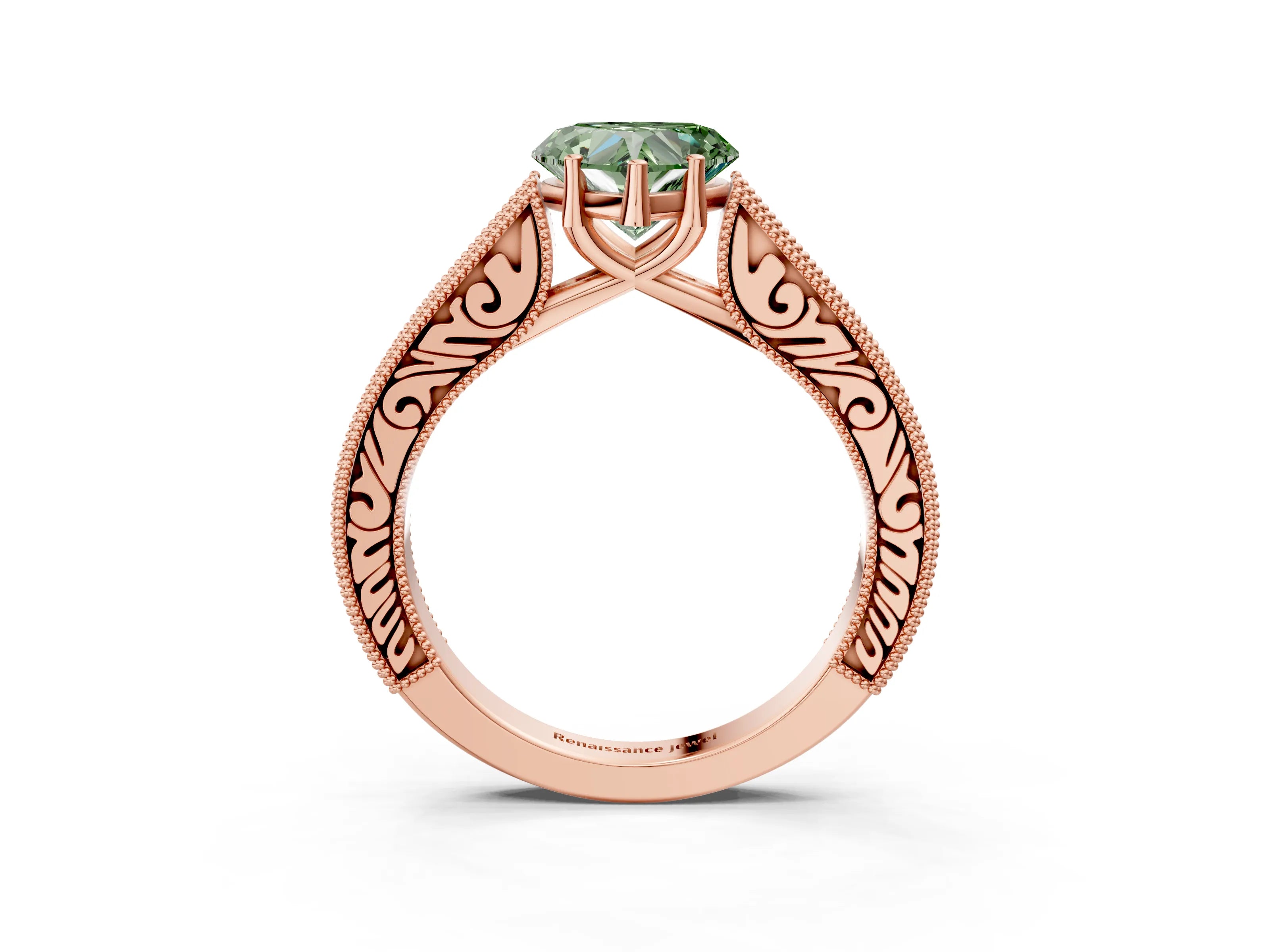Rose gold Fancy Green Heart Cut Cut Pave Band Milgrain Solitaire Ring_3