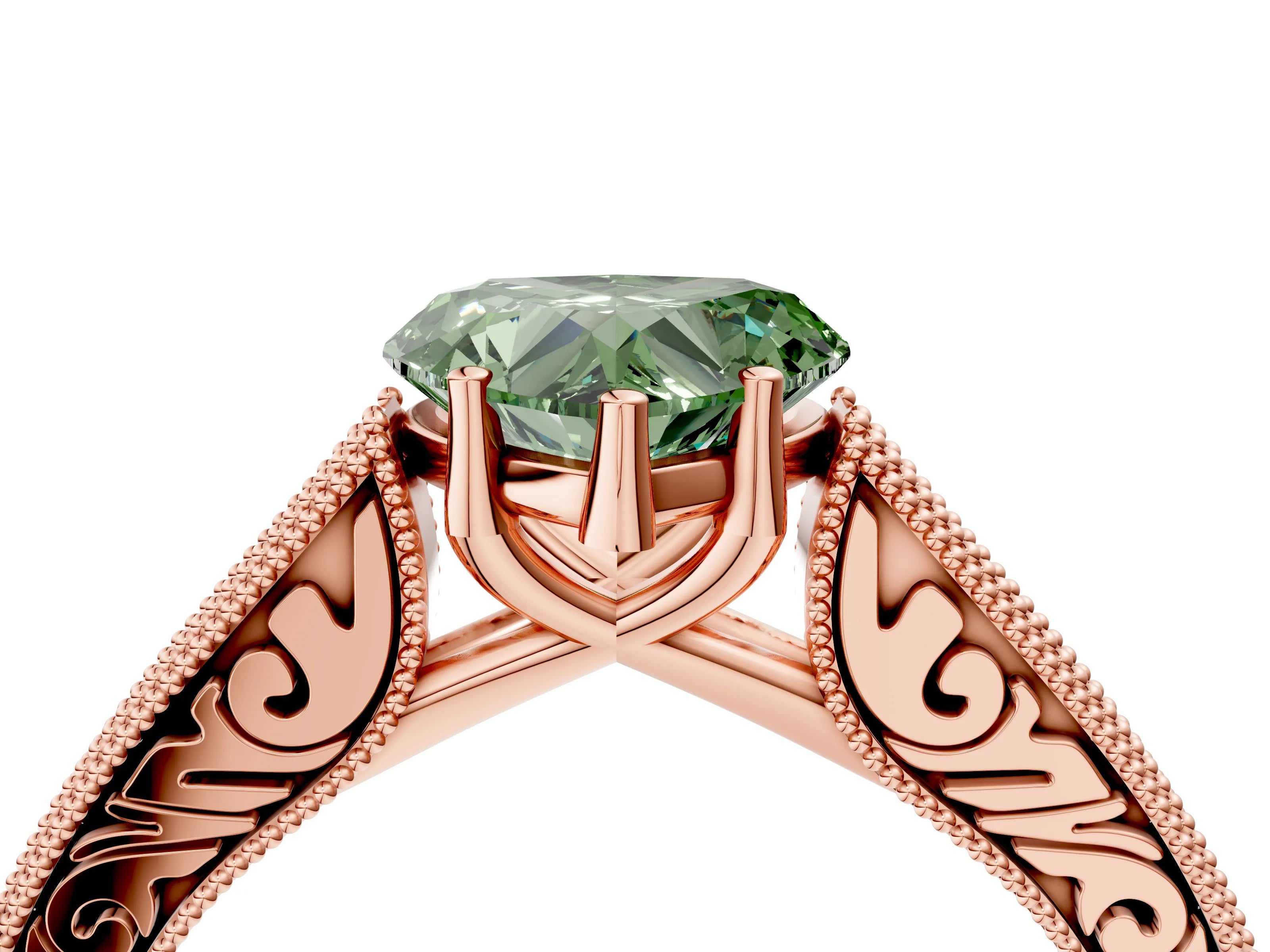 Rose gold Fancy Green Heart Cut Cut Pave Band Milgrain Solitaire Ring_4