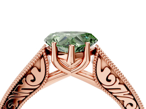 Rose gold Fancy Green Heart Cut Cut Pave Band Milgrain Solitaire Ring_4