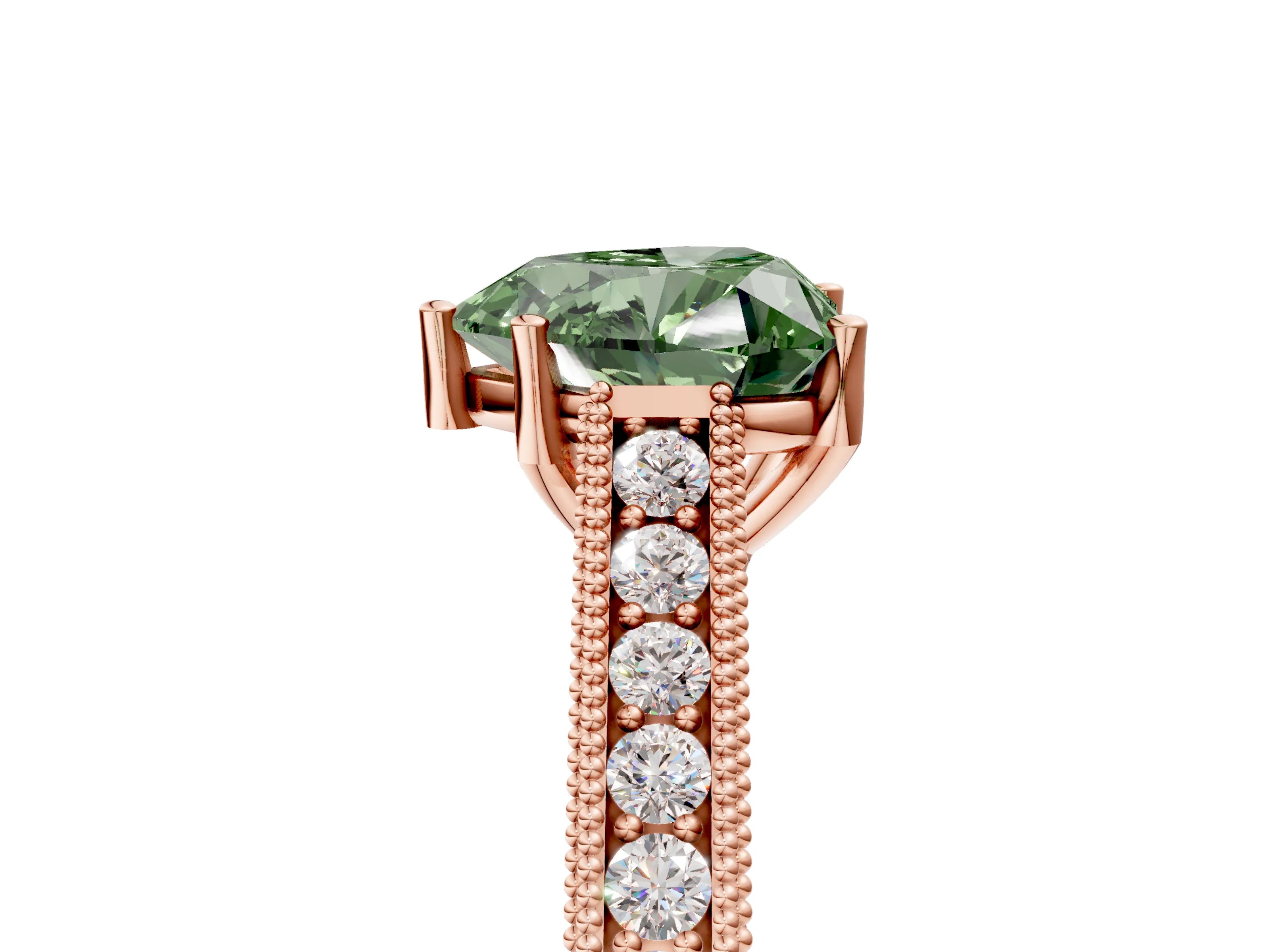Rose gold Fancy Green Heart Cut Cut Pave Band Milgrain Solitaire Ring_5