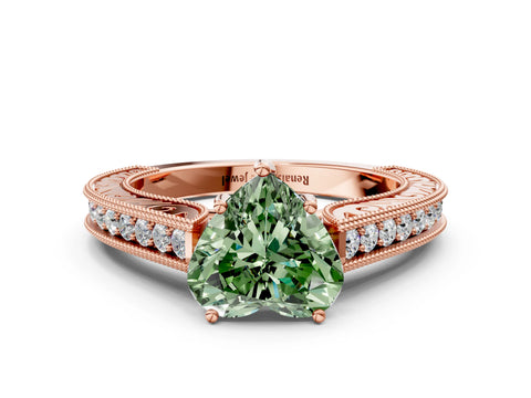 Rose gold Fancy Green Heart Cut Cut Pave Band Milgrain Solitaire Ring