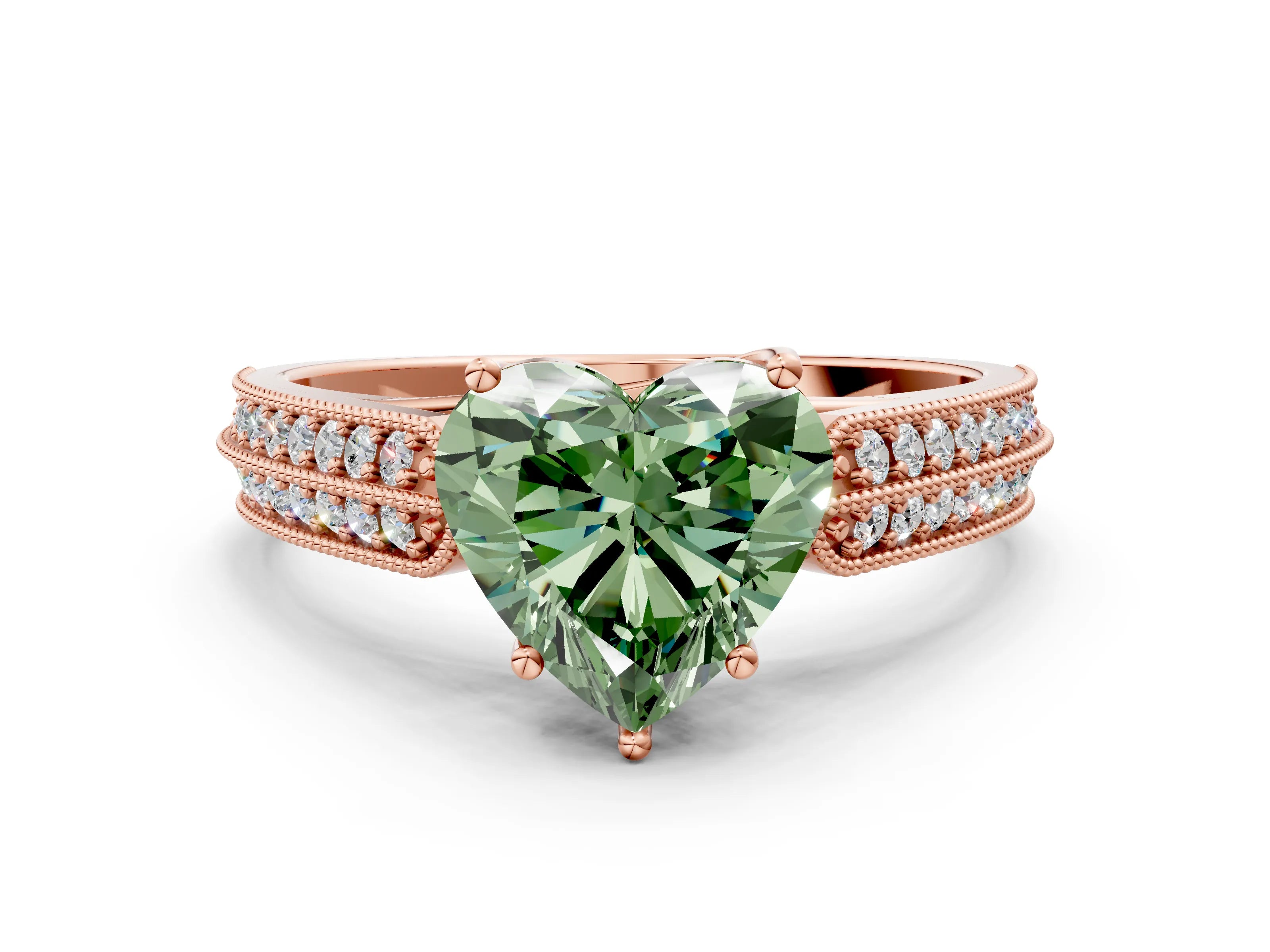 Rose gold Fancy Green Heart Cut Cut Pave Split Shank Engagement Ring with Four-Prong Setting