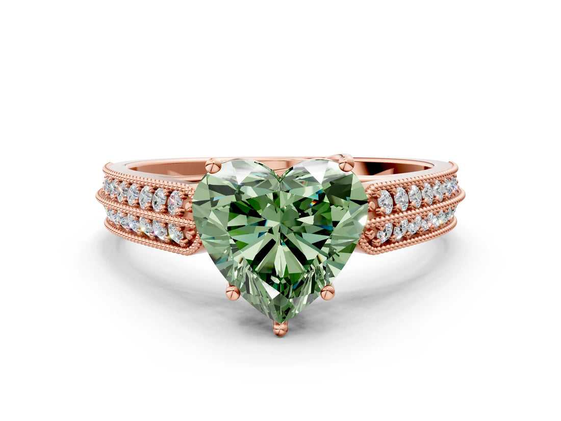 Rose gold Fancy Green Heart Cut Cut Pave Split Shank Engagement Ring with Four-Prong Setting