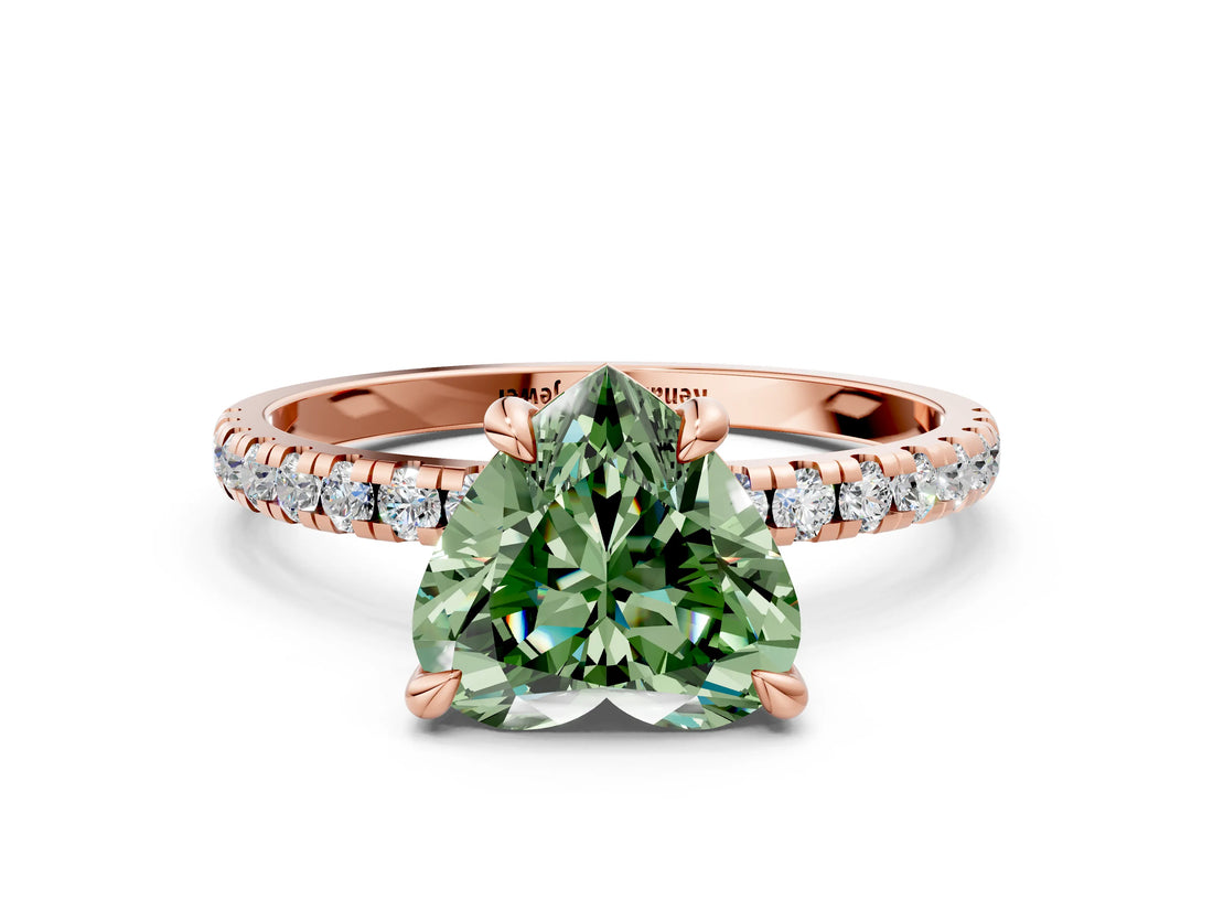 Rose gold Fancy Green Heart Cut Diamond Brilliant Solitaire Ring with Pavé Band and Four-Prong Setting_12