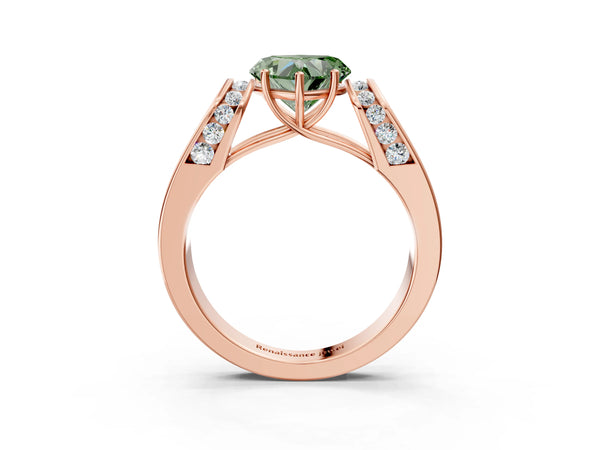 Rose Gold Heart-Shaped Channel Set Engagement Ring Setting for Fancy Green Center with Wide Band