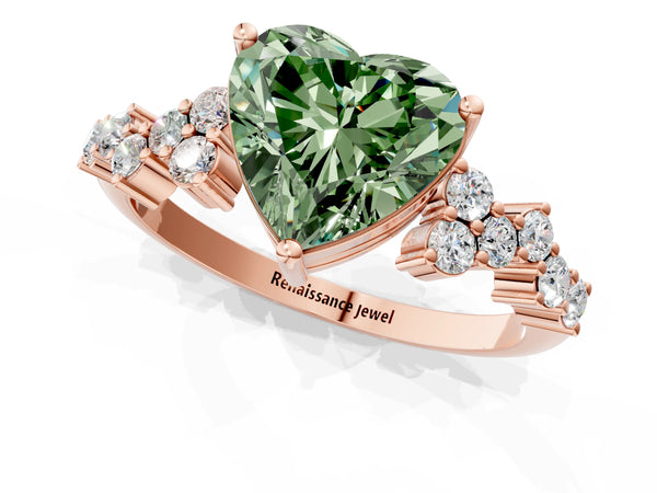 Rose gold Fancy Green Heart Cut Diamond Cluster Pavé Band with Four-Prong Setting