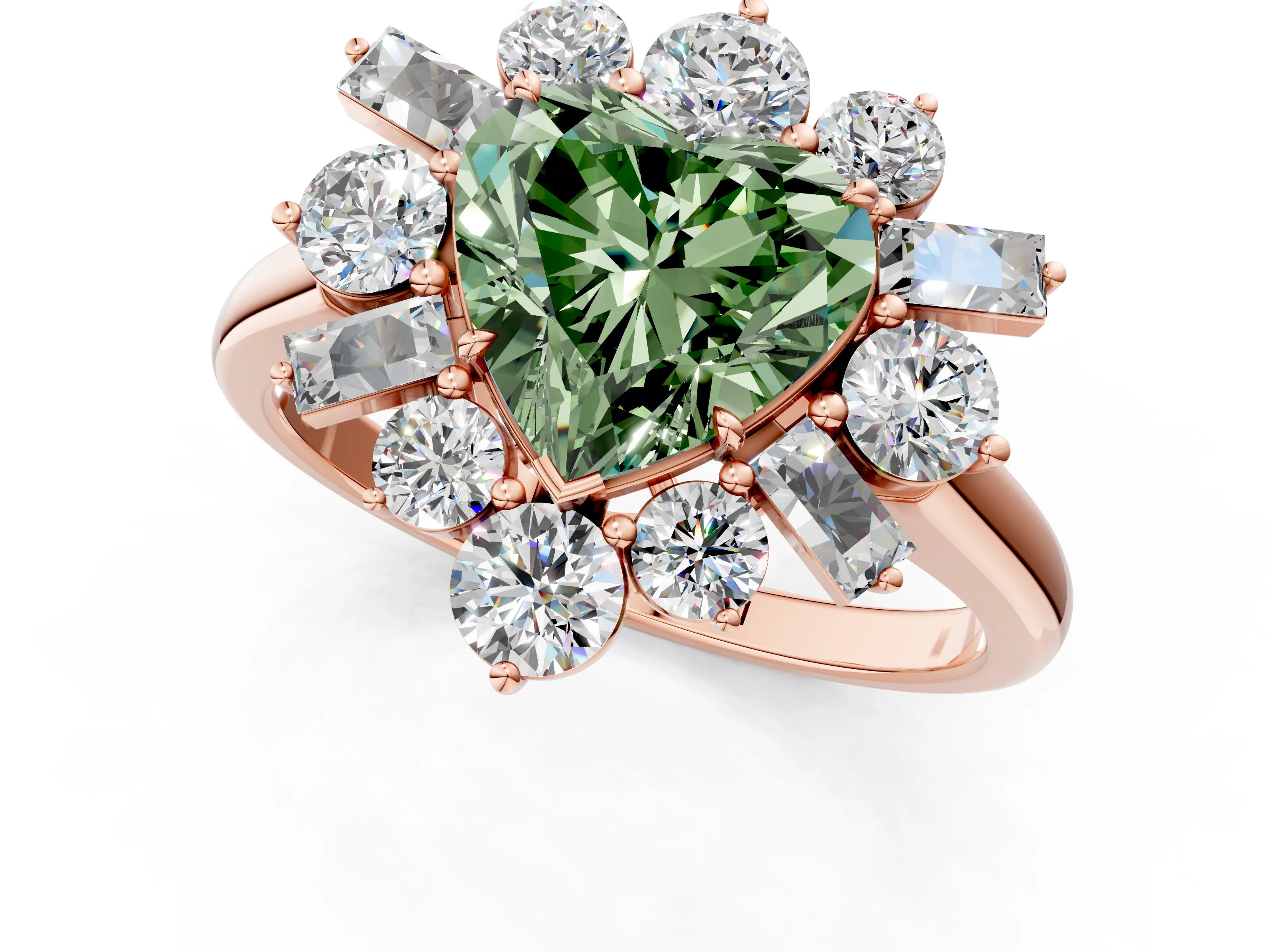 Rose gold Fancy Green Heart Cut Diamond Cluster Ring with Round and Baguette Stones, Split Shank Band, Prong Setting_1