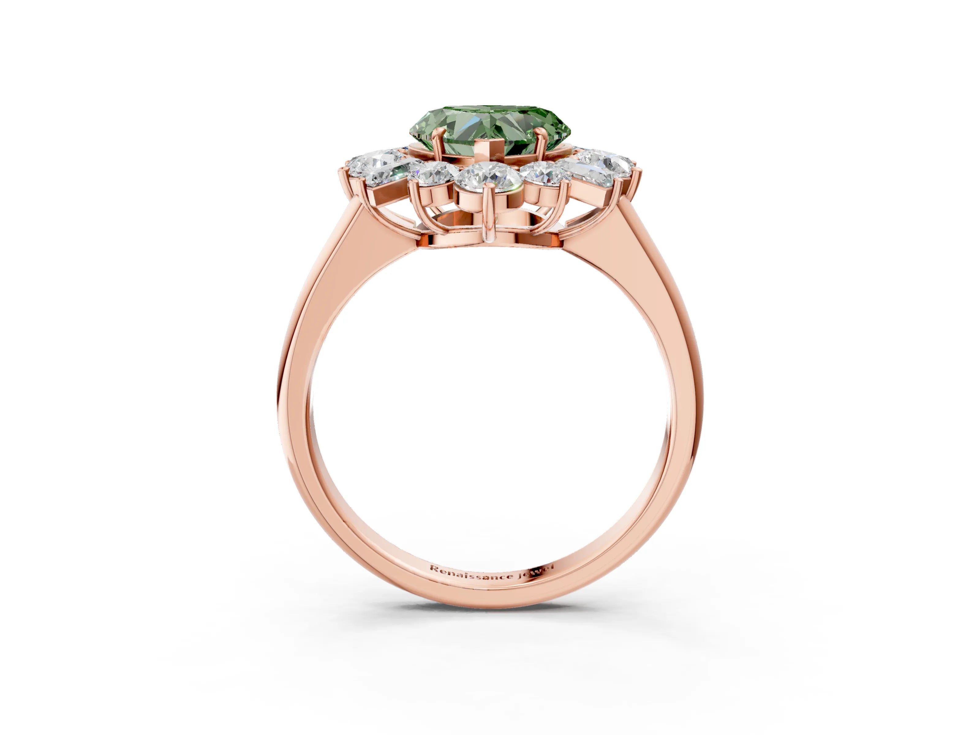 Rose gold Fancy Green Heart Cut Diamond Cluster Ring with Round and Baguette Stones, Split Shank Band, Prong Setting_3