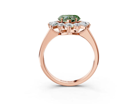 Rose gold Fancy Green Heart Cut Diamond Cluster Ring with Round and Baguette Stones, Split Shank Band, Prong Setting_3