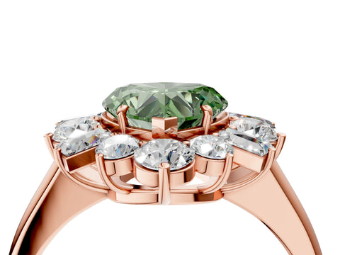 Rose gold Fancy Green Heart Cut Diamond Cluster Ring with Round and Baguette Stones, Split Shank Band, Prong Setting_4