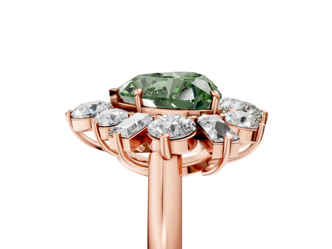 Rose gold Fancy Green Heart Cut Diamond Cluster Ring with Round and Baguette Stones, Split Shank Band, Prong Setting_5