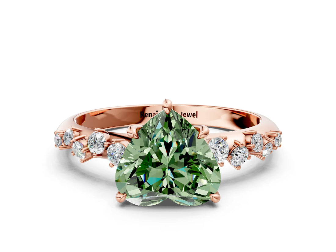 Rose gold Fancy Green Heart Cut Diamond Cluster Side Stone Solitaire Ring with Prong Setting_29
