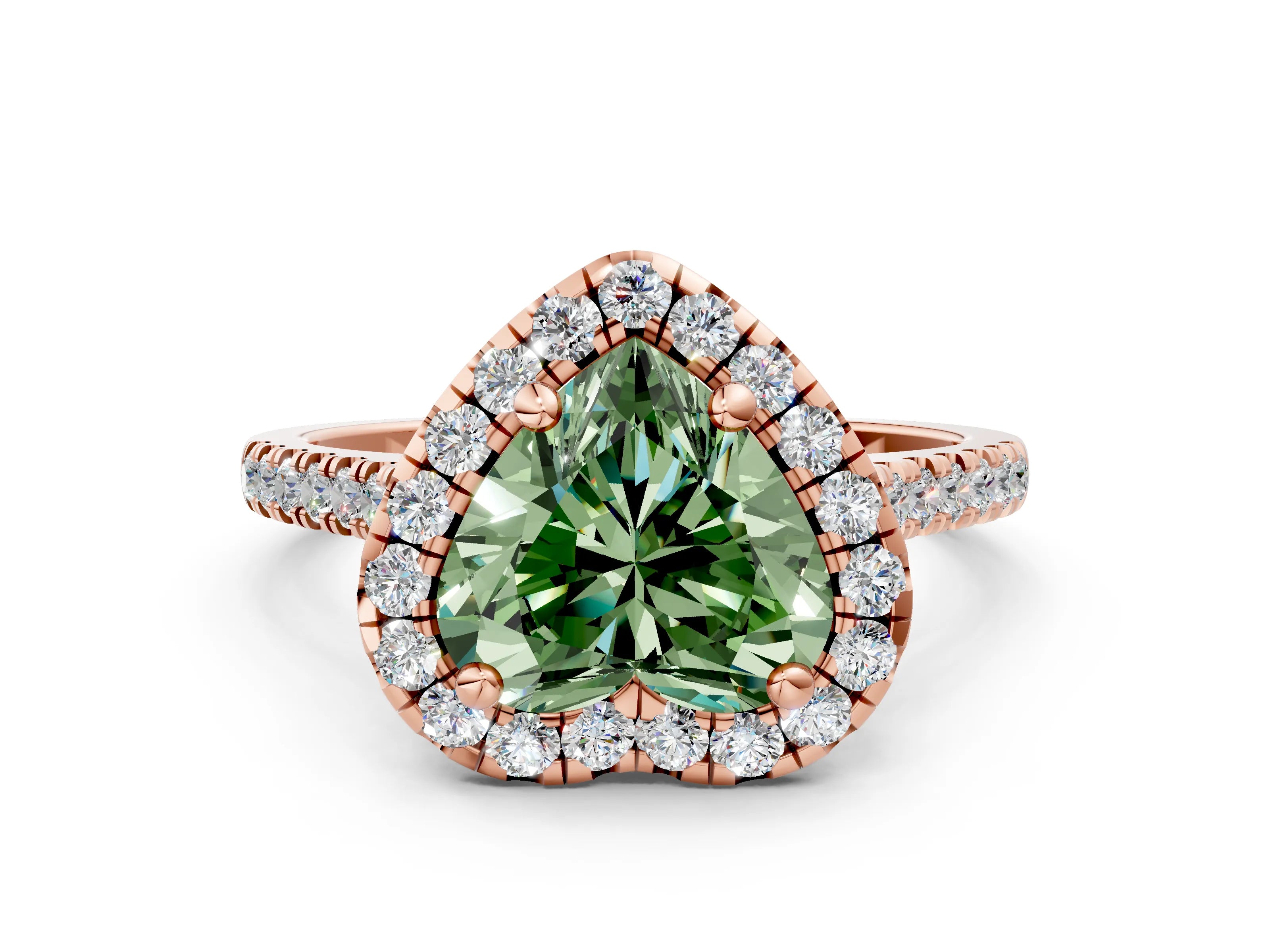 Rose gold Fancy Green Heart Cut Diamond Cushion Halo Ring with Pavé Band