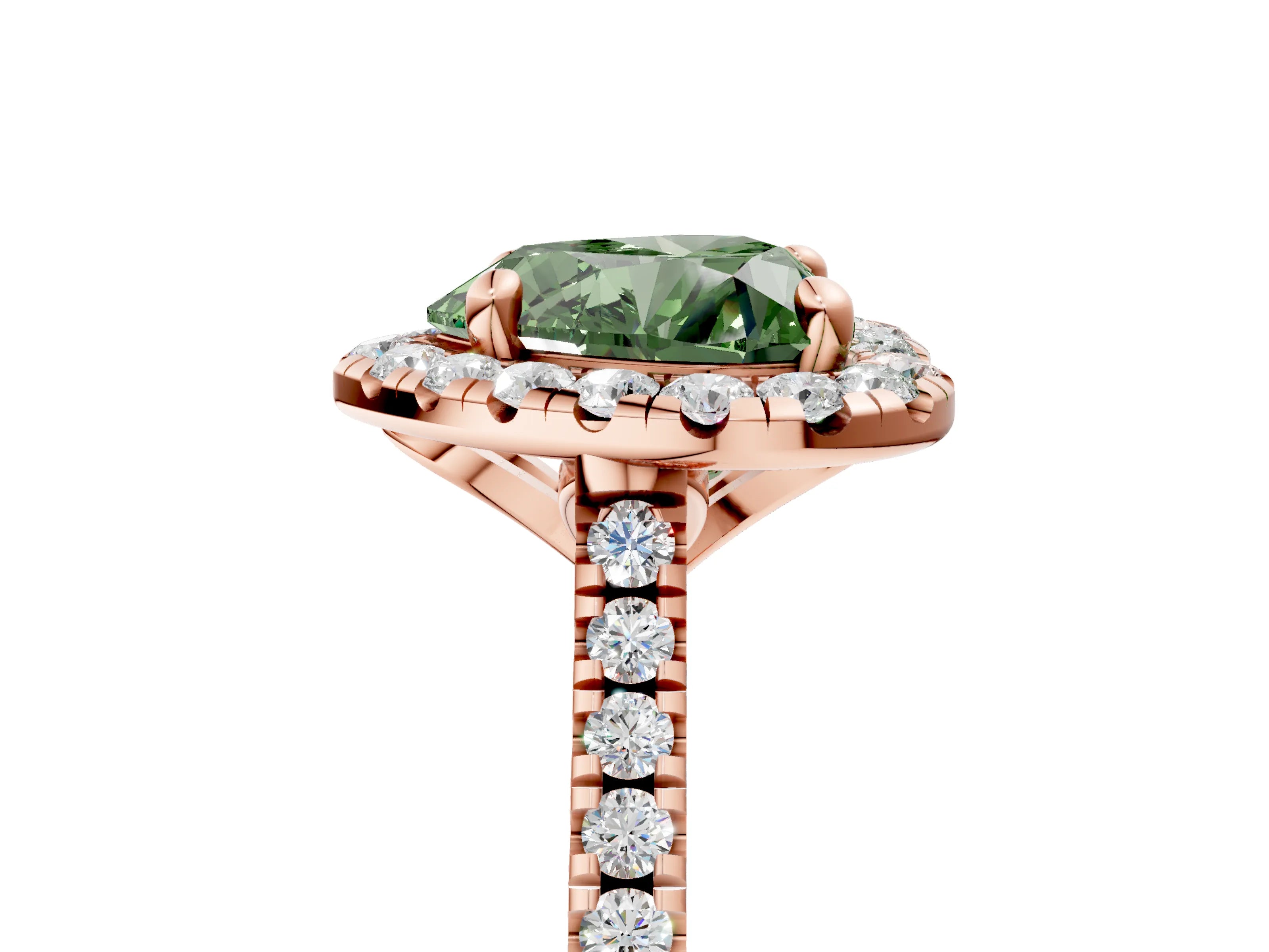 Rose gold Fancy Green Heart Cut Diamond Cushion Halo Ring with Pavé Band_5