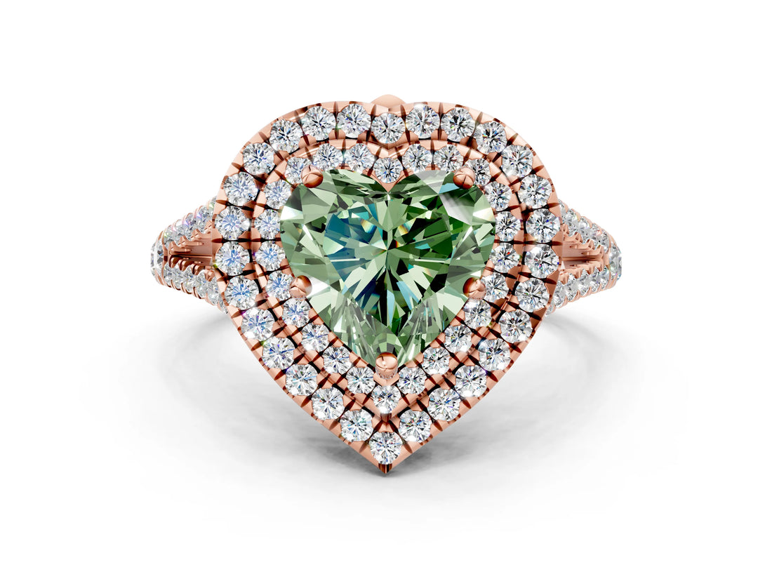 Rose gold Fancy Green Heart Cut Diamond Double Halo Ring with Pavé Band and Prong Setting_18
