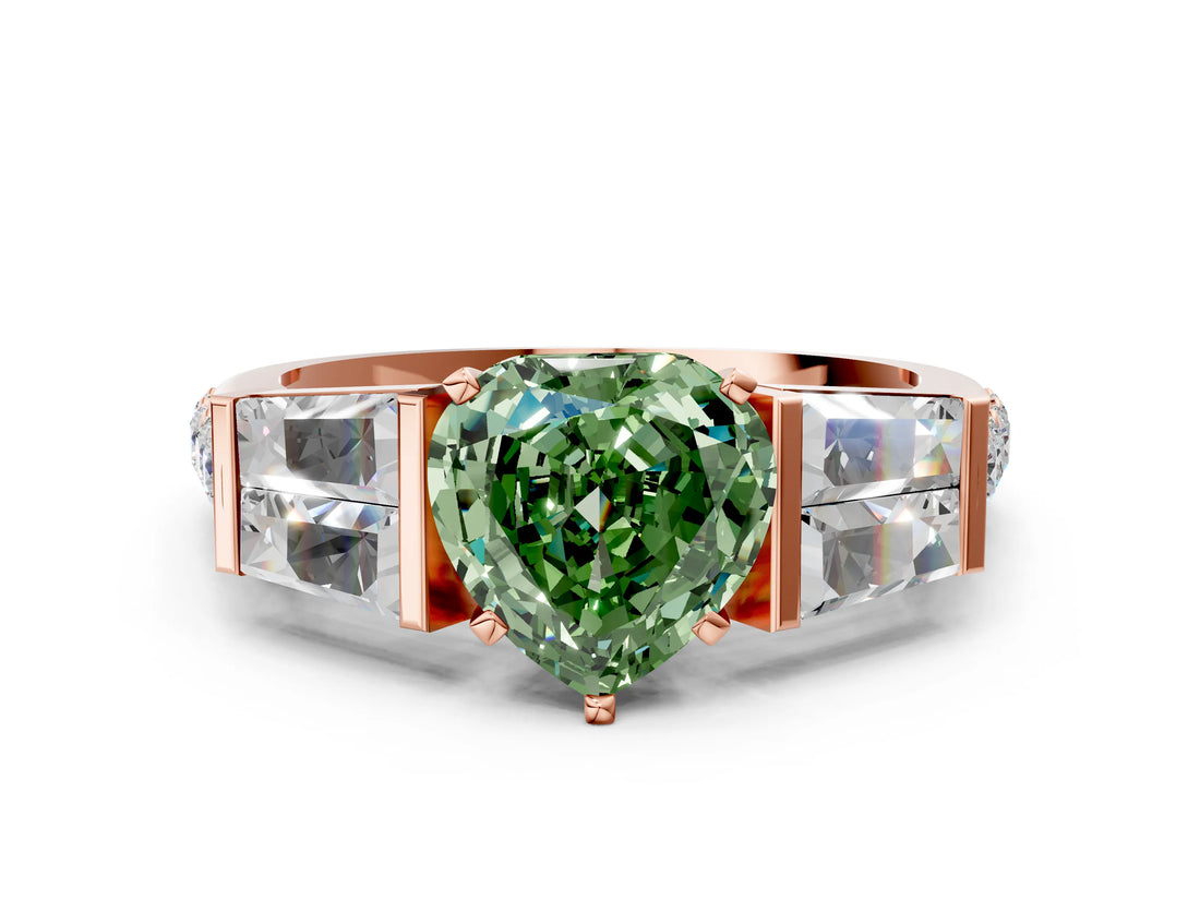 Rose gold Fancy Green Heart Cut Diamond Engagement Ring with Baguette Side Stones and Channel Set Band_18