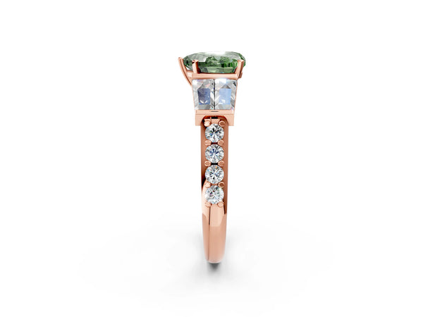 Rose gold Fancy Green Heart Cut Diamond Engagement Ring with Baguette Side Stones and Channel Set Band
